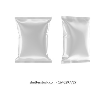 Blank White Foil Sachet Food Snack Packaging Mockup, Isolated On White Background. 3D Rendering