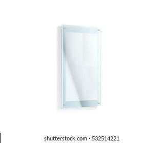 Blank white folded poster mockup under the acrylic holder, 3d rendering. Glass sign plate holding clear affiche mock up. Paper canvas in transparent frame template isolated. Vertical A3 print placard.