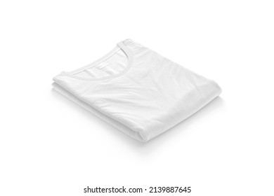 Blank White Folded Square T-shirt Mockup, Side View, 3d Rendering. Empty Casual Basic Tshirt With Label Mock Up, Isolated. Clear Cotton Jersey Undershirt With Tag For Store Logotype Template.