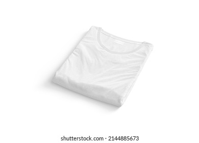 Blank White Folded Square T-shirt Mock Up, Side View, 3d Rendering. Empty Unisex Basic Undervest Or Tshirt Mockup, Isolated. Clear Cloth Casual Tee-shirt With Promotion Tag Template.