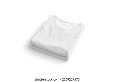 Blank White Folded Square T-shirt Mock Up Stack, Isolated, 3d Rendering. Empty Jersey Tshirt Pile With Label Mockup, Side View. Clear New Fold Apparel For Man Or Woman Outfit Template.
