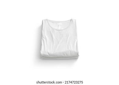 Blank White Folded Square T-shirt Mockup Stack, Top View, 3d Rendering. Empty Pile Of Fabric Basic Tshirt Mock Up, Isolated. Clear Casual New Undershirt Model For Woman Or Man Template.