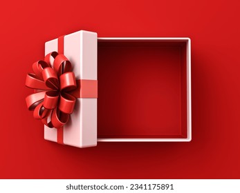 Blank white gift box open or top view of white present box tied with red ribbon bow isolated on dark red background with shadow minimal conceptual 3D rendering - Powered by Shutterstock