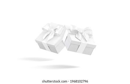 Blank White Gift Box With Ribbon Bow Mockup, No Gravity, 3d Rendering. Empty Packing Basket For Mystery Prize Mock Up, Isolated. Clear Cardboard Case With Tape For Decorative Compliment Template.
