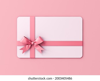 Blank white gift card with pink ribbon bow isolated on pink pastel color background with shadow minimal concept 3D rendering