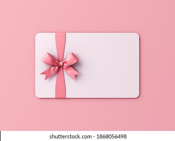 Blank White Gift Card Or Gift Voucher With Pink Ribbon Bow Isolated On Pink Pastel Color Background With Shadow Minimal Concept 3D Rendering