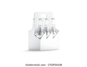 Blank White Glass Beer Bottle Cardboard Holder Mockup, Half-turned View, 3d Rendering. Empty Fizzy Water Or Soda Container With Handle Mock Up, Isolated. Clear Carton Box For Beverage Mokcup Template.