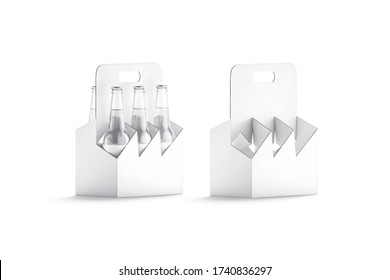 Blank White Glass Beer Bottle Cardboard Holder Mockup, Half-turned View, 3d Rendering. Empty Carrier Craft Package For Beverage Mock Up, Isolated. Clear Canned Mineral Or Alcohol Case  Template.