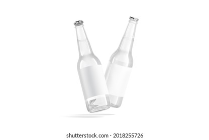 Blank White Glass Beer Bottle With Label Mockup, No Gravity, 3d Rendering. Empty Transparent Container With Refreshing Water Mock Up, Isolated. Clear Cold Soda Or Lemonade Vial With Sticker Template.