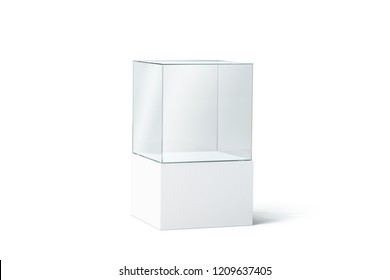 Blank White Glass Box Podium Mockup, Isolated, 3d Rendering. Empty Transparent Showcase Mock Up, Side View. Clear Exhibition Cube For Museum Or Store. Cube Acrylic Template. Display Cabinet For Expo.