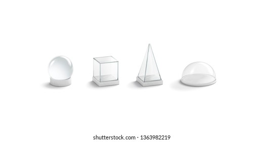 Blank White Glass Domes Mockup Set, Isolated, 3d Rendering. Empty Plexiglass Pyramid, Ball, Cube And Plate Dome Mock Up. Clear Transparent Presentation Showcases Figurine Template.