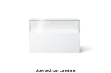 Blank White Glass Expo Showcase Mock Up, Isolated, 3d Rendering. Empty Gallery Or Museum Replicas Mockup, Front View. Building Project Imitation Template. Rectangular Art Installation.