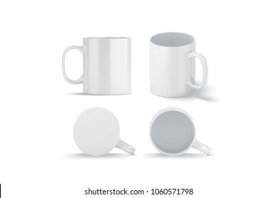 Blank White Glass Mug Mockups Set Isolated, 3d Rendering. Clear Left Right Coffee Cup Mock Up For Sublimation Printing. Empty Bottoms Pint Set Branding Template. Glassy Restaurant Tankard Design.