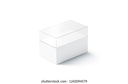 Blank White Glass Showcase For City Miniature Mockup, Isolated, 3d Rendering. Empty Vintine For Exterior Mock Up. Transparent Nightstand For District Building Models. Presentation Of Town Layout.