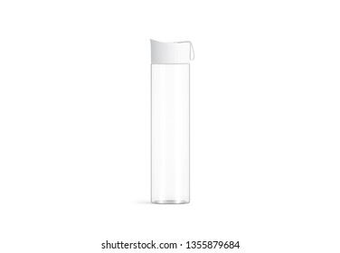 Blank White Glass Sport Bottle Mockup, Isolated, Front View, 3d Rendering. Empty Crystal Can With Cap Mock Up. Clear Take Away Flask For Camping Or Extreme Tourism Template.