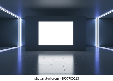 Blank White Glowing Screen On Black Wall In Empty Exhibition Hall With Dark Floor And Led Lights. 3D Rendering, Mockup