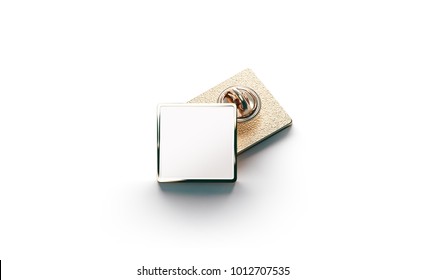 Blank White Gold Lapel Badge Mock Ups Stack, 3d Rendering. Empty Luxury Hard Enamel Pin Mockup. Golden Clasp-pin Design Template. Expensive Square Brooch For Logo Presentation.