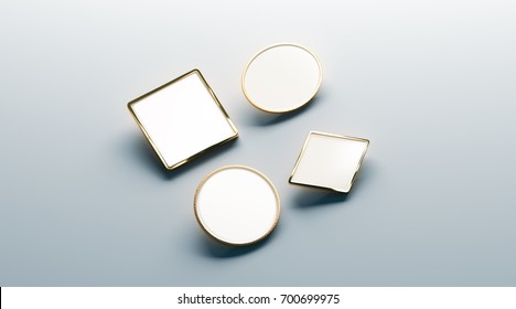 Blank White Gold Lapel Badge Mock Ups Set, Round, Square, Rhombus, Ellipse, 3d Rendering. Empty Luxury Hard Enamel Pin Mockup. Golden Clasp-pin Design Template. Expensive Brooch For Presentation.