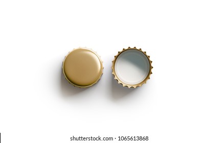 Blank White Golden Beer Lid Mockup, Top View, Front And Back Side, 3d Rendering. Empty Metal Soda Cap Mock Up Design Template. Clear Bottle Cover Isolated.