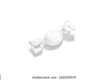 Blank White Hadn Candy Foil Wrapper Mockup, Side View, 3d Rendering. Empty Sweet Bonbon Swirl Package Mock Up, Side View. Clear Caramel Or Chocolate Treat In Cellophane Wrap Mokcup Template.