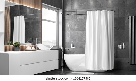 Blank White Half Open Shower Curtain Mockup, Half-turned View, 3d Rendering. Empty Polyester Blind For Bathroom Hygiene Mock Up. Clear Restroom Interior With Waterproof Curtai Template.