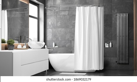 Blank White Half Open Shower Curtain Mockup, Front View, 3d Rendering. Empty Shade Cover For Curai In Bathroom Mock Up. Clear Indoor Apartment With Waterproof Slip Screen Template.