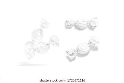 Blank White Hard Candy Foil Wrapper Mock Up, Different Views, 3d Rendering. Empty Sweetmeat Swirl Package Mockup, Isolated. Clear Small Bonbon Or Caramel Toffy Mokcup Template.