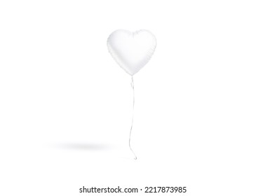 Blank White Heart Balloon Flying Mockup, Front View, 3d Rendering. Empty Levitation Mylar Bubble With Hearts Shape Mock Up, Isolated. Clear Decoration Helium Girft For Wedding Or. 3D Illustration