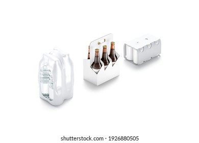 Blank White Holder Pack For Bottle And Can Mockup, Half-turned View, 3d Rendering. Empty Plastic And Carton Takeaway Package Mock Up, Isolated. Clear Water, Beer And Soda Carrier Template.