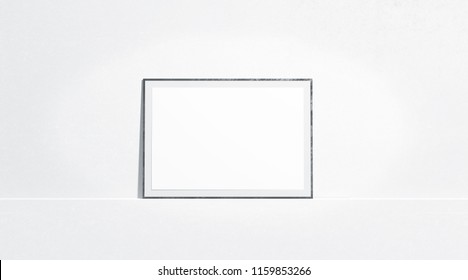 Blank White Horizontal Paper Poster Mock Up Stand At Gallery Wall, Front View, Isolated, 3d Rendering. Empty Placard With Frame In Museum Mockup. Clear Photo Art Cadre Template