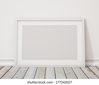 Blank White Horizontal Picture Frame On The Wall And The Vintage Floor