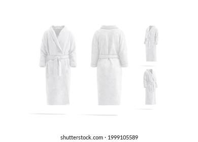 Blank white hotel bathrobe mock up, different views, 3d rendering. Empty fleece wraparound banyan mockup, isolated. Clear plush housecoat for bathroom wear template.