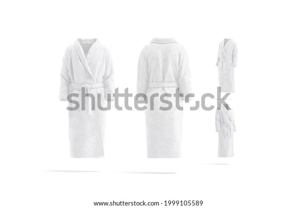 Blank white hotel bathrobe\
mock up, different views, 3d rendering. Empty fleece wraparound\
banyan mockup, isolated. Clear plush housecoat for bathroom wear\
template.