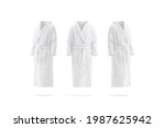 Blank white hotel bathrobe mockup, front and side view, 3d rendering. Empty soft backwrap for bath mock up, isolated. Clear cloth dressing gown or fluffy banian template.