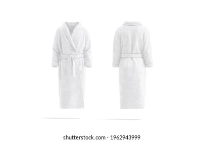 Blank white hotel bathrobe mockup, front and back view, 3d rendering. Empty plush dressing gown with belt mock up, isolated. Clear wraparound apparel for spa or bath relax template.
