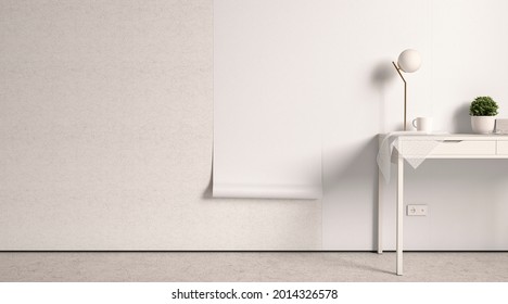 Blank White Interior Wallpaper Twisted Mockup On Wall, Front View, 3d Rendering. Empty Apartment Or Office Backdrop With Wallpapering Mock Up. Indoors Space With Decorative Paper Sheet Template.