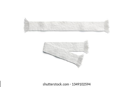 Blank white knitted scarf folded and unfolded mockup set, isolated, 3d rendering. Empty christmas apparel mock up. Clear soft handmade neckerchief template.