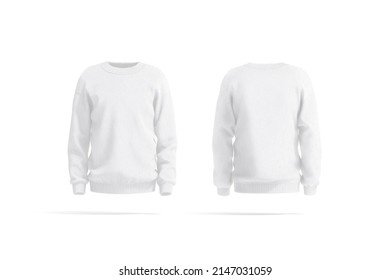 Blank White Knitted Sweater Mockup, Front And Back View, 3d Rendering. Empty Knitting Loungewear For Seasonal Outfit Mock Up, Isolated. Clear Textile Casual Overall Sweatshirt Or Pullover Template.