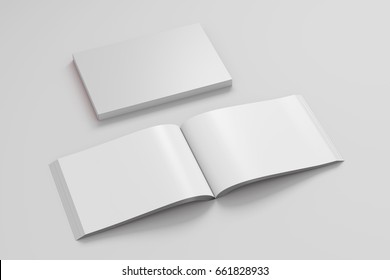 Blank white landscape soft cover book with glossy paper on white background. Open and closed, isolated with clipping path around each book. 3d illustration