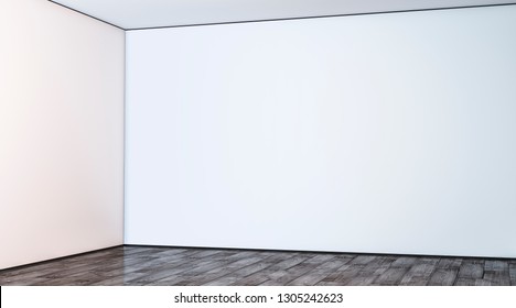 Blank White Large Gallery Wall Corner In Hall Mockup, 3d Rendering. Empty Hall Angle And Floor Mock Up. Clear Lobby Interior With Art Display Template. Indoor Sunny Space.