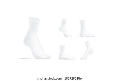 Blank White Long Sock Mockup Stand, Different Views, 3d Rendering. Empty Loose Kneehighs Or Gaiters Mock Up, Isolated. Clear Elastic Cotton Apparel For Foot Template.