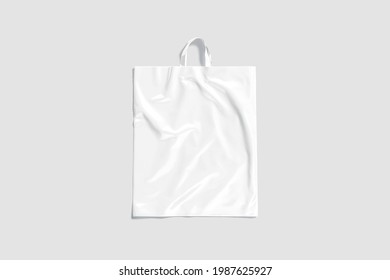 Blank White Loop Handle Plastic Bag Mock Up, Gray Background, 3d Rendering. Empty Polythene Bagful For Shopping Mockup, Top View. Clear Carrying Parcel Template.