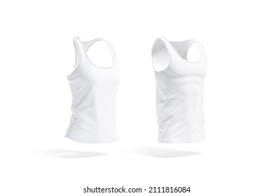 Blank white male and female tank top mockup, side view, 3d rendering. Empty waistcoat and racerback sleeveless t-shirt mock up, isolated. Clear textile basic sport undershirt template.