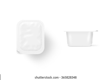 Blank White Meal Box Mock Up Stand Isolated. Sause Clear Jar Mockup, 2 Sides. Ketchup Empty Box Design Presentation. Yoghurt Packaging. Mayonnaise Bank Packet Template.