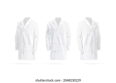 Blank White Medical Lab Coat Mockup, Front And Side View, 3d Rendering. Empty Doctors Overcoat With Pocket Mock Up, Isolated. Clear Safety Hospital Costume For Surgeon Or Therapist Template.