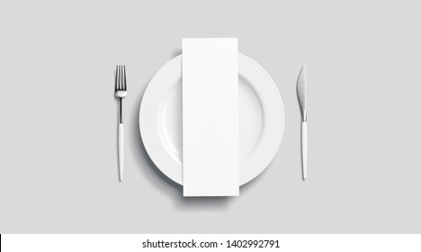 Blank White Menu Mockup On Plate With Cutlery, Top View, Isolated, 3d Rendering. Clear Brochure With Sheets For Breakfast Or Dinner Mock Up. Empty Vertical Paper Flyer Template In Restaurant Or Cafe.