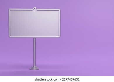 Blank White Metal Board Street Stand Mockup On Purple Background. Signboard With Silver Metal Frame Template. 3d Rendering.