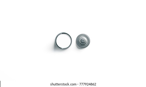 Blank White Metal Snap Button Mockup Isolated, 3d Rendering. Empty Clothing Jeans Clasp Mock Up, Front And Back Side View. Clear Metallic Fastener For Dressmaking And Cloth Branding Design.