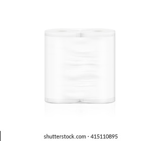 Blank White Napkin Roll Packaging Mockup, Isolated, Clipping Path, 3d Illustration. Toilet Paper Clear Package Design Mock Up Stand. Wc Lavatory Toilet Paper Rolls Packing Transparent Wrap Template.