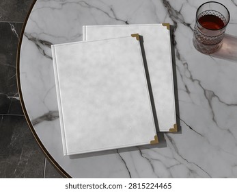 Blank white open restaurant menu on marble desk mockup for stationery branding and presentation